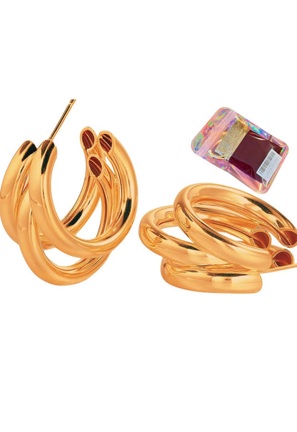 Chunky 14k Gold Plated Triple Hoop Fashion Earrings for Women With A Glam Velvet And Gold Pouch.