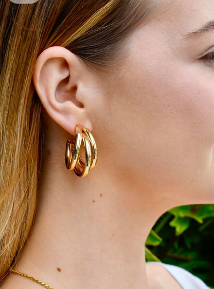 Chunky 14k Gold Plated Triple Hoop Fashion Earrings for Women With A Glam Velvet And Gold Pouch.