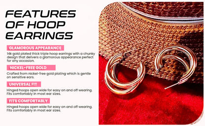 Chunky 14k Gold Plated Triple Hoop Fashion Earrings for Women With A Glam Velvet And Gold Pouch.